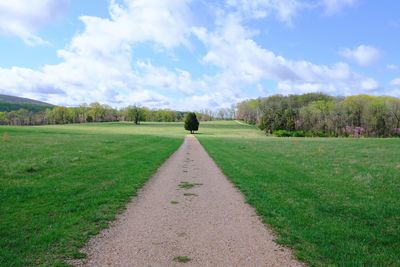 Dirt road amidst field against sky