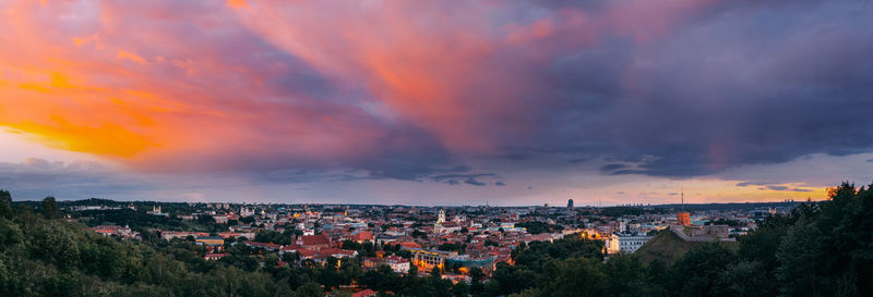 High angle view of townscape against sky during sunset