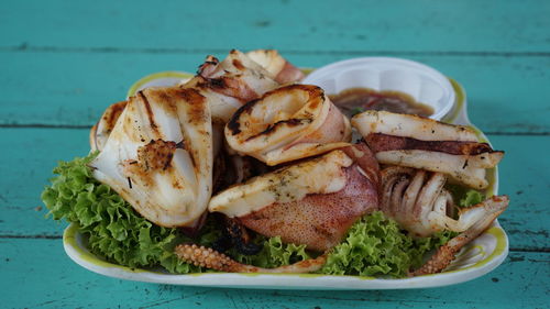 High angle view of food in plate on table