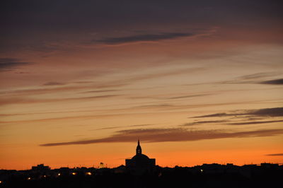 Silhouette of buildings against cloudy sky at sunset