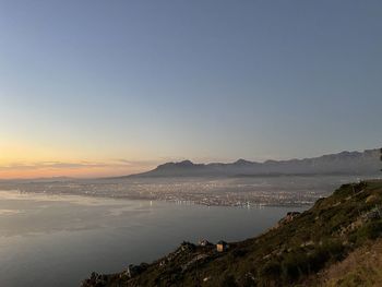 Scenic view of sea against clear sky during sunset