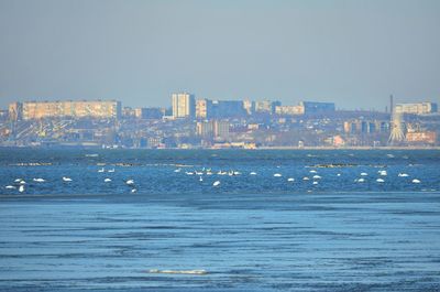 Sea by buildings against clear sky