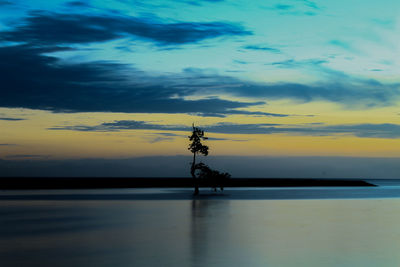 Silhouette cranes against sea against sky during sunset