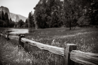 Close-up of wood on field against sky