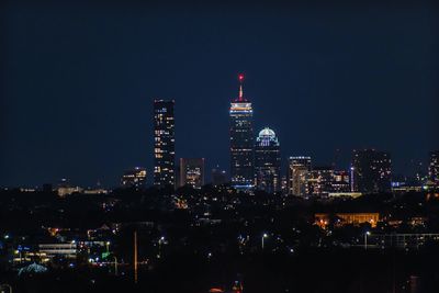 Illuminated buildings in city at night