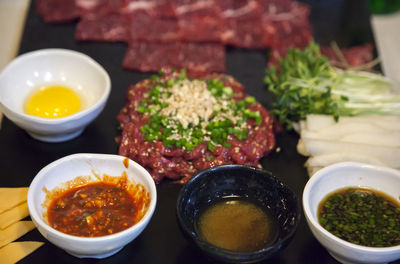 Close-up of food served in tray