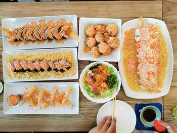 High angle view of sushi in plate on table