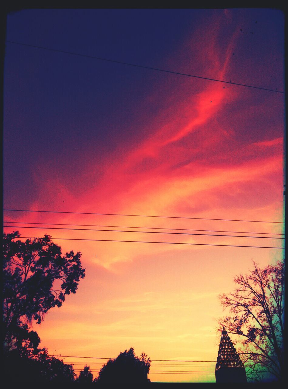 sunset, silhouette, orange color, tree, sky, low angle view, beauty in nature, scenics, tranquility, nature, transfer print, power line, tranquil scene, auto post production filter, cloud - sky, idyllic, dramatic sky, cloud, outdoors, no people