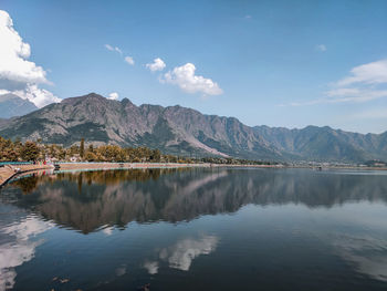 Scenic view of lake by mountains against sky