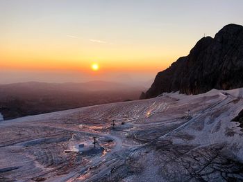 Scenic view of snowcapped mountains against sky during sunset