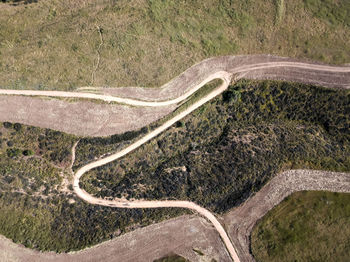 High angle view of winding road on land