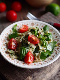 High angle view of salad in plate on table