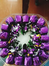 High angle view of purple flowering plants on table