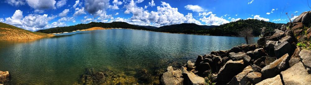 Panoramic view of lake and mountains against sky