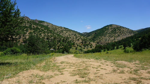 Scenic view of landscape against clear blue sky