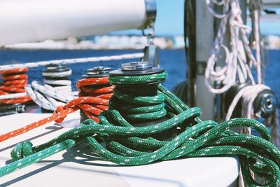 Close-up of rope tied to bollard