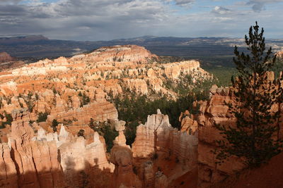 View of rock formations against cloudy sky