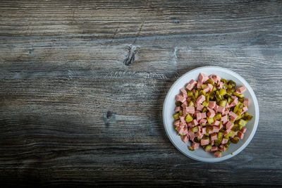 High angle view of salad in bowl on table