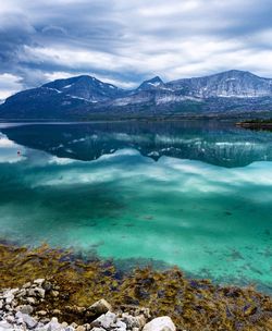 Scenic view of lake against cloudy sky