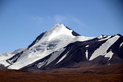 Scenic view of snowcapped mountains against clear sky