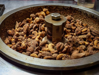 High angle view of meat in container