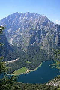 Scenic view of lake and mountains against clear sky