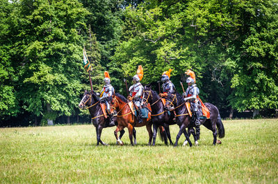 Men riding horses on field against trees