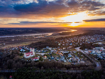 High angle view of townscape against sky during sunset