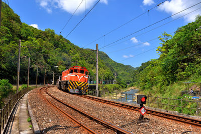 Train on railroad track against trees