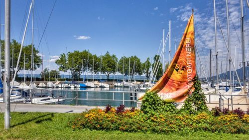 Sailboats by lake against sky