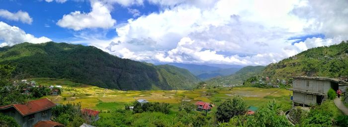 Panoramic view of landscape and mountains against sky