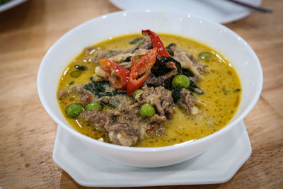 Close-up of soup in bowl on table