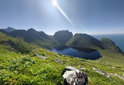 Scenic view of sea and mountains against sky