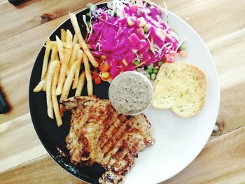 High angle view of food served on table