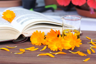 Close-up of yellow flowers on table