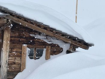 Snow covered house at home during winter