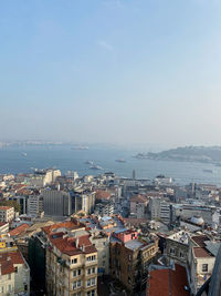 High angle view of buildings by sea against sky