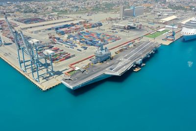 High angle view of boats at harbor