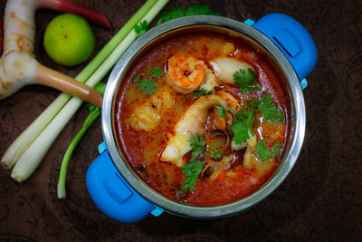 High angle view of soup in bowl on table