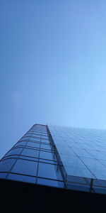 Low angle view of modern building against clear blue sky