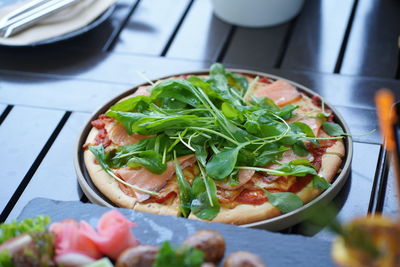 High angle view of pizza served in plate