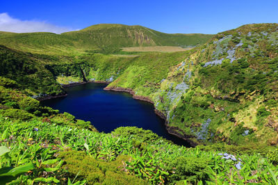 Scenic view of river amidst mountains against clear sky