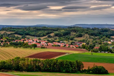 Scenic view of agricultural field against sky