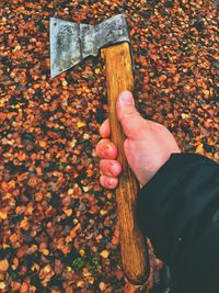 Cropped hand of man holding axe during autumn
