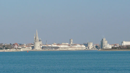 Sea with cityscape in background