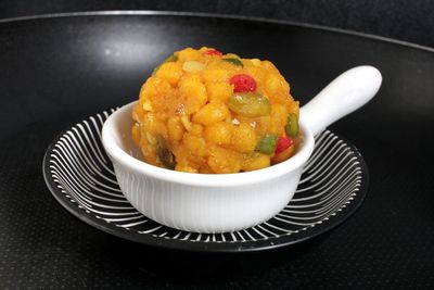 High angle view of dessert in plate on table