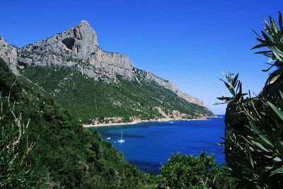 Scenic view of sea and mountains against clear blue sky