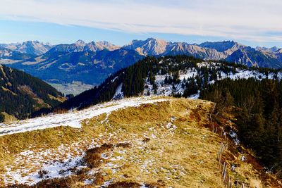 Scenic view of snowcapped mountains against sky