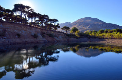 Scenic view of lake by mountains against clear blue sky