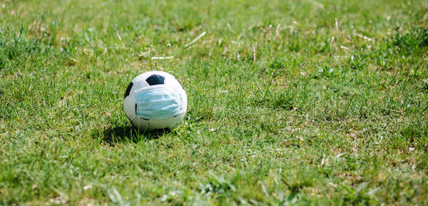 High angle view of soccer ball on field